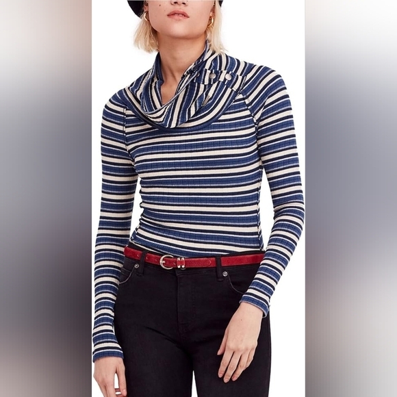 Free People Sweaters - Free people Cape Cod Cowl neck striped blue cream thermal top sz large WT305